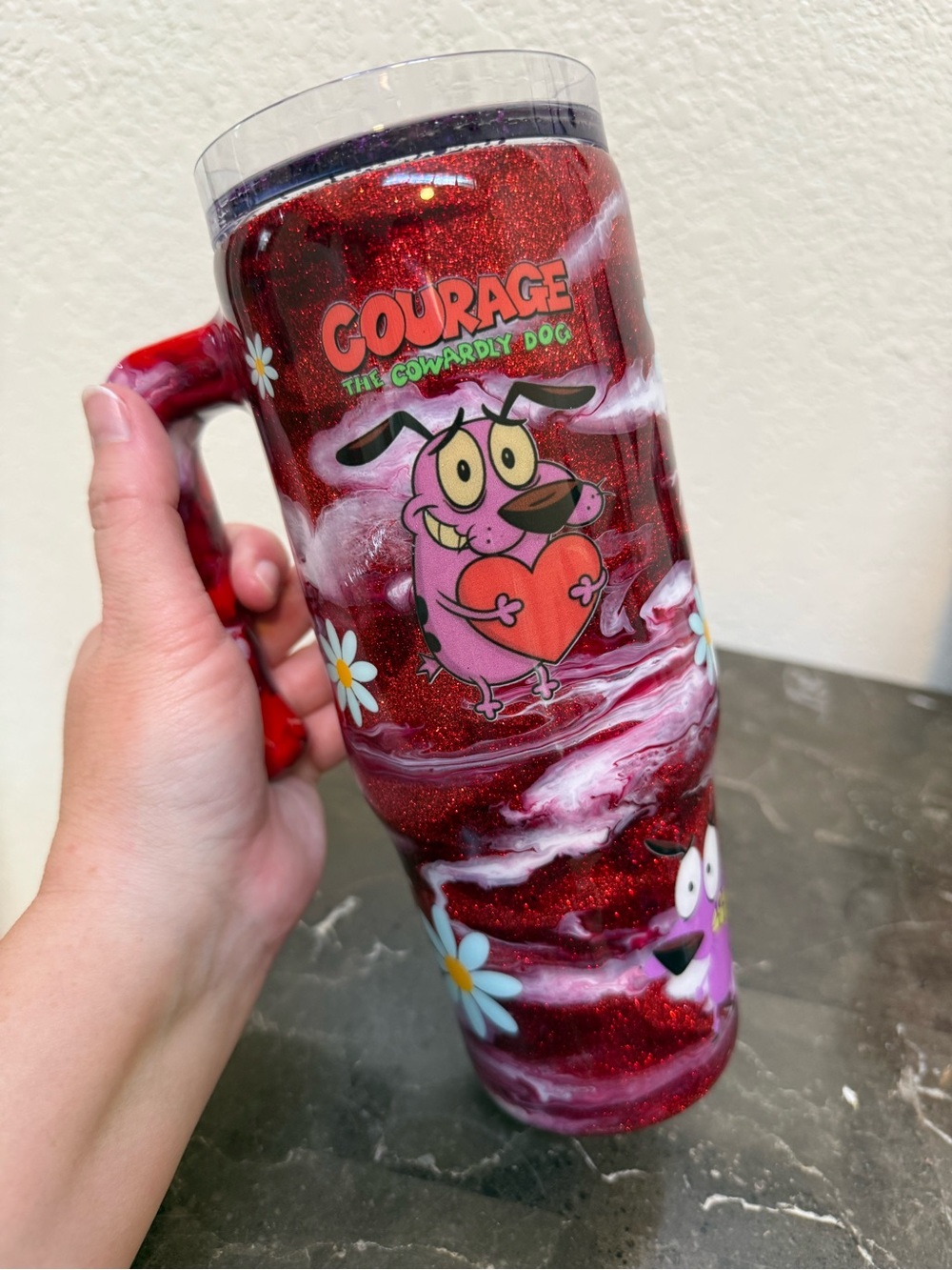 Courage the Cowardly Dog Red Marble Glitter Tumbler Cup 30 oz Handle Handmade